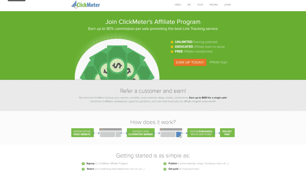 screenshot of the clickmeter affiliate program homepage