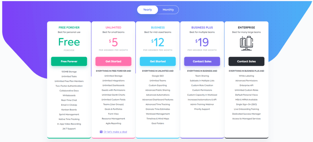 screenshot of the clickup pricing table