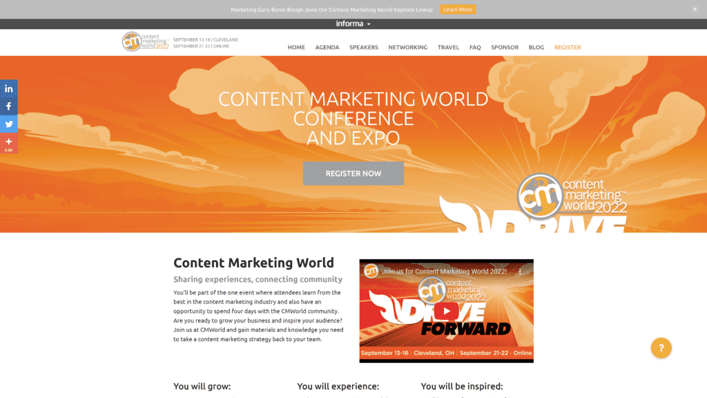 A screenshot of the content marketing world homepage