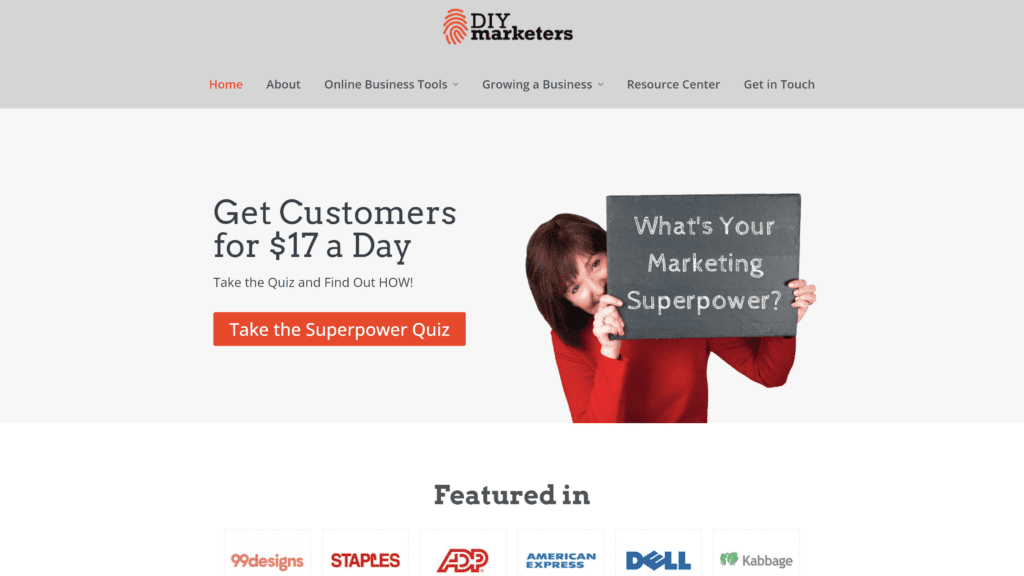 screenshot of the DIY Marketers homepage