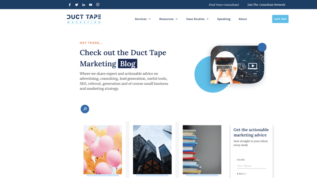 screenshot of the duct tape marketing homepage