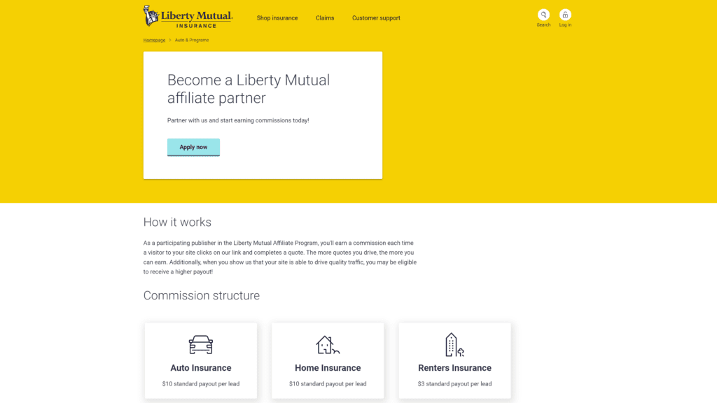 screenshot of the liberty mutual affiliate program homepage