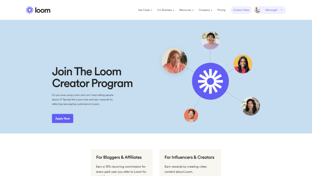 screenshot of the loom homepage