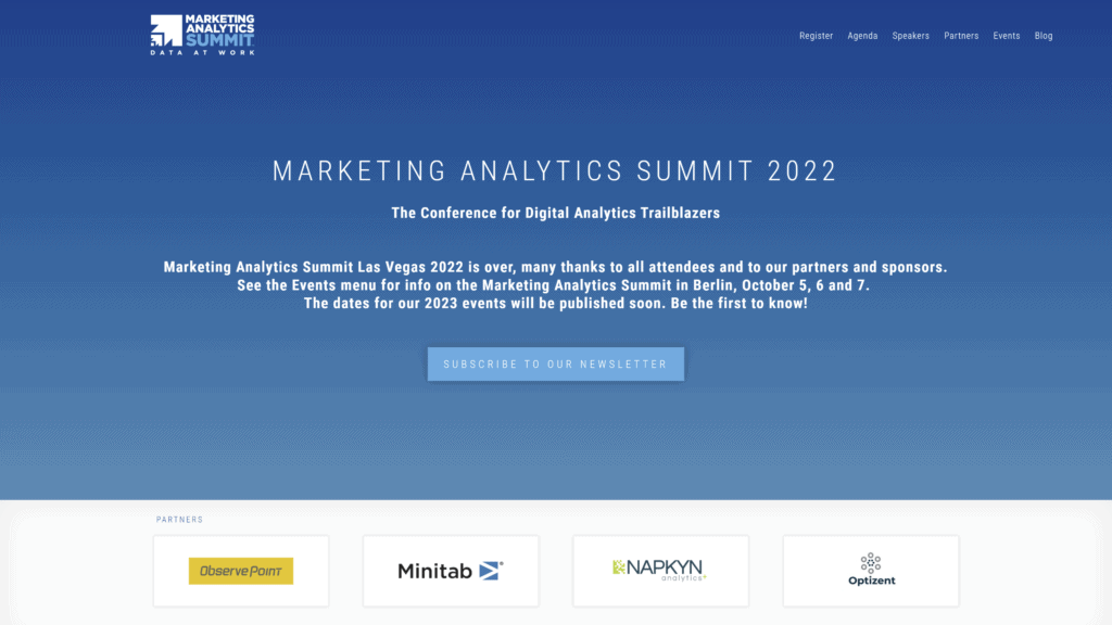 A screenshot of the marketing analytics summit homepage