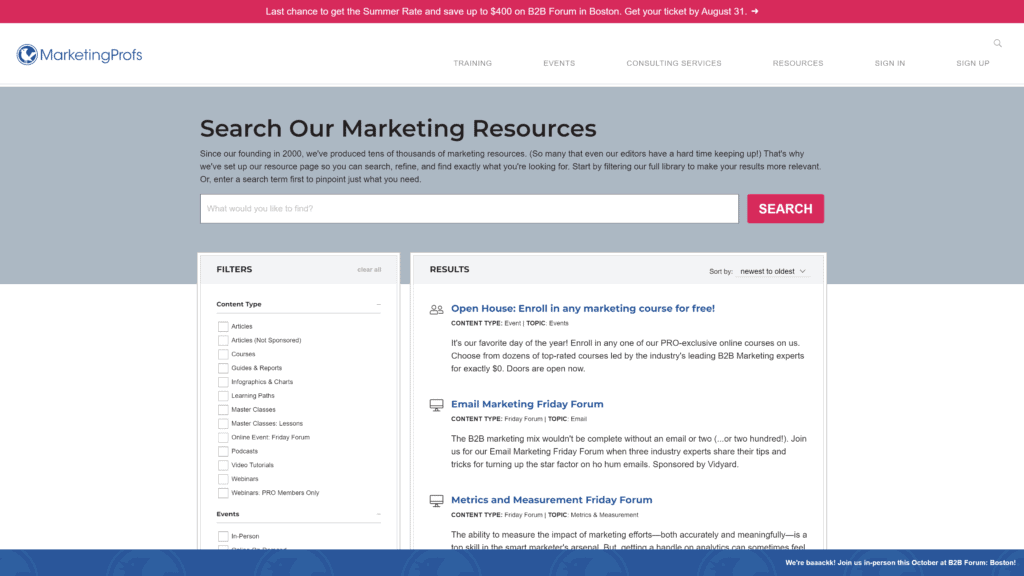 screenshot of the marketingprofs homepage