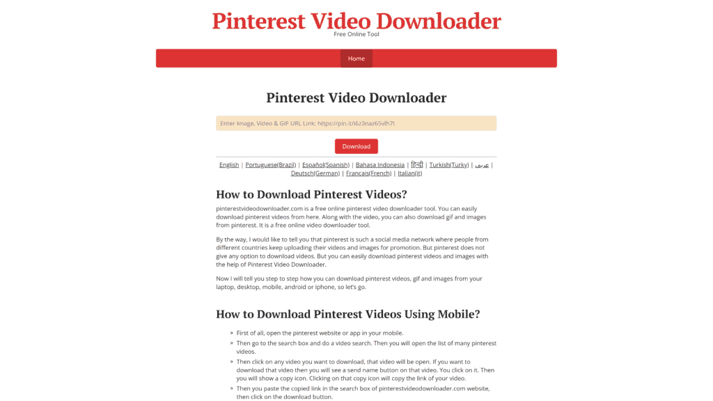 screenshot of the pinterest video downloader homepage