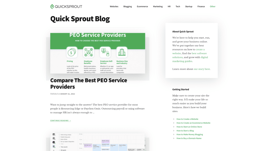 screenshot of the quick sprout homepage