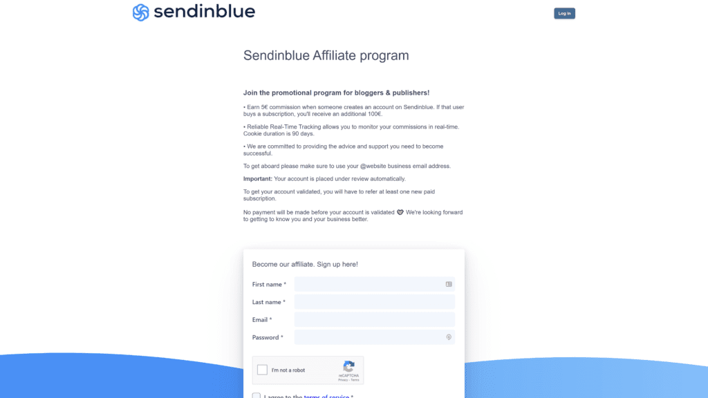 screenshot of the sendiblue affiliate program homepage