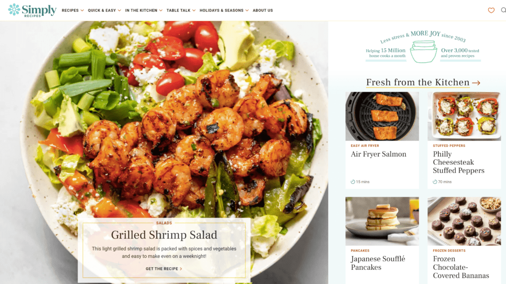 screenshot of the simply recipes homepage