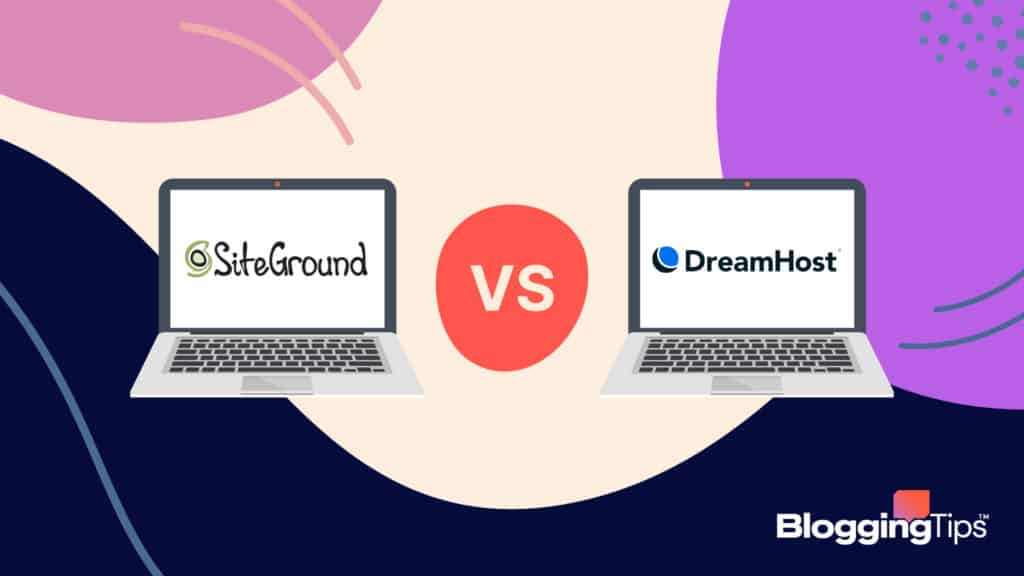 vector graphic showing an illustration of siteground vs dreamhost - computer screens running logos of both companies on the screen with "vs" in the middle