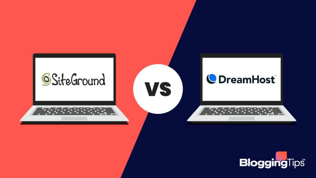 vector graphic showing an illustration of siteground vs dreamhost - computer screens running logos of both companies on the screen with "vs" in the middle