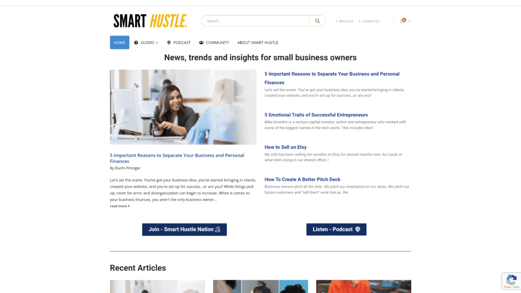 screenshot of the smart hustle homepage