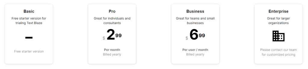 screenshot of the text blaze pricing table