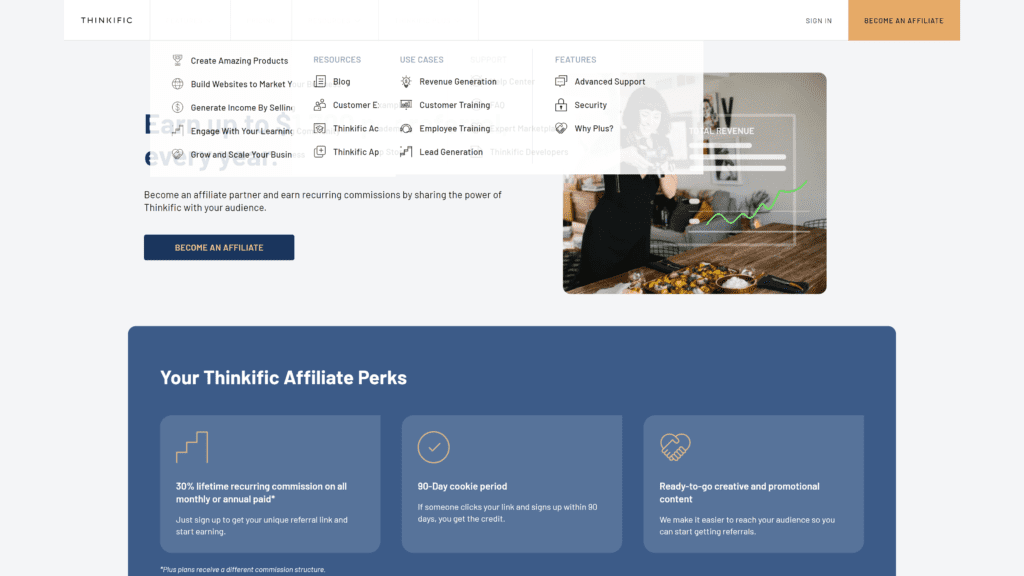 screenshot of the thinkific affiliate program homepage