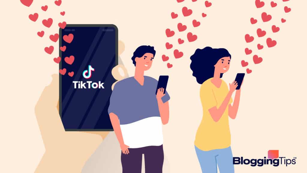 vector graphic showing an illustration of tiktok marketing - a person holding a phone and a tiktok user engaging with that brand