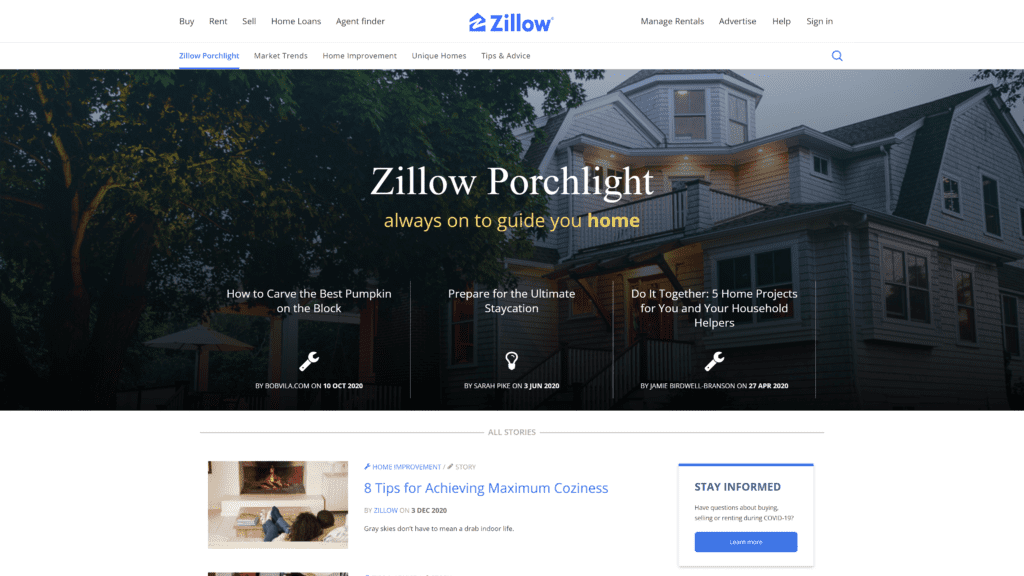 screenshot of the zillow porchlight homepage