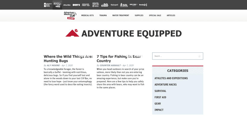 screenshot of the adventure medial kits homepage
