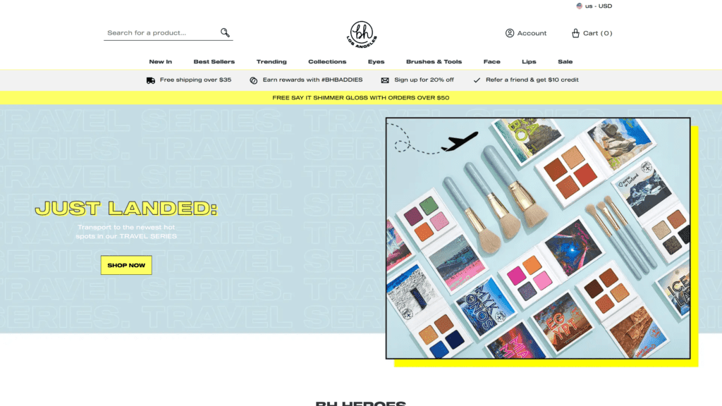 screenshot of the bh cosmetics homepage