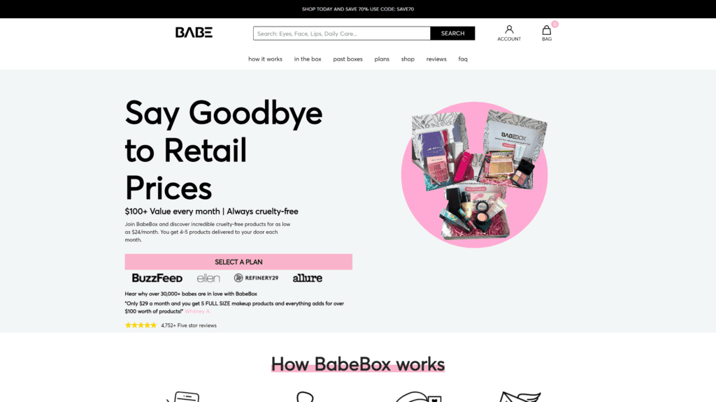 screenshot of the babebox homepage