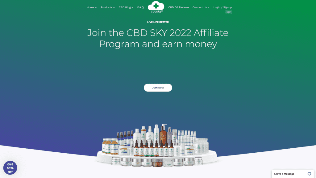 screenshot of the cbd sky homepage