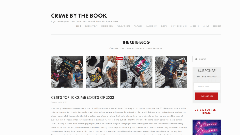 screenshot of the crime by the book homepage