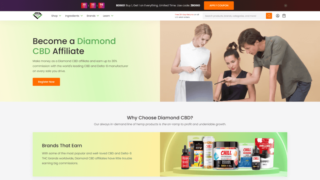 screenshot of the diamond cbd homepage