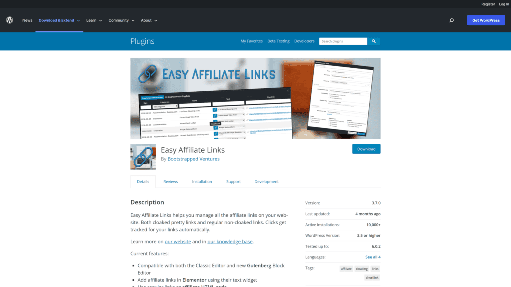 screenshot of the easy affiliate links homepagea