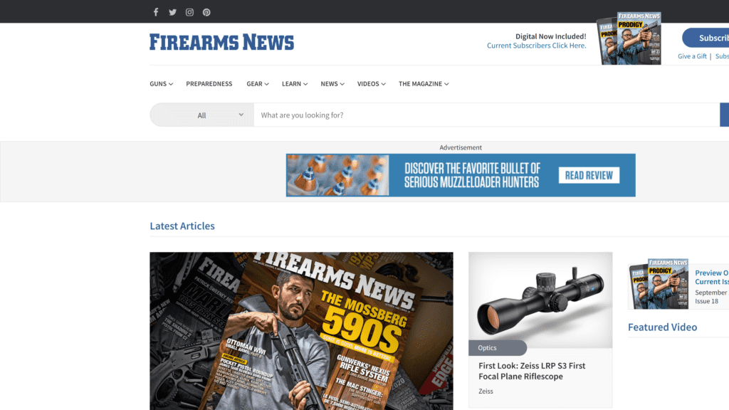 screenshot of the firearms news homepage