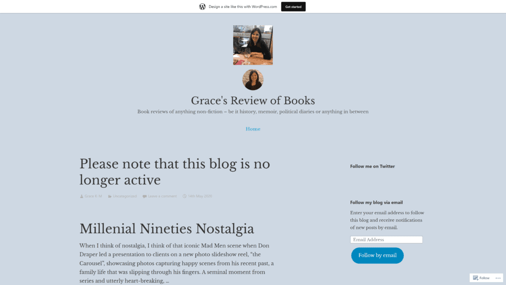 screenshot of the graces review of books homepage