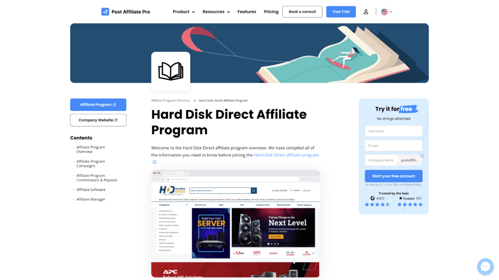 screenshot of the Hard disk direct affiliate program homepage