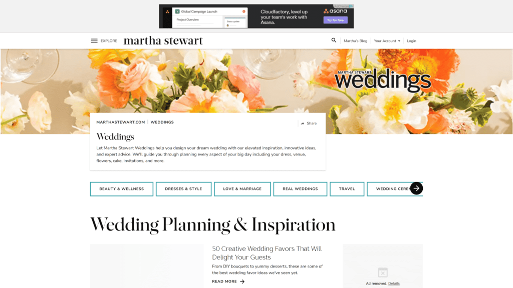 screenshot of the martha stewart wedding homepage