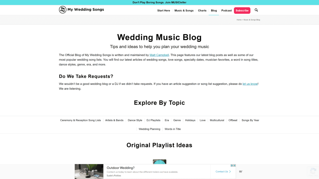 screenshot of the my wedding songs homepage
