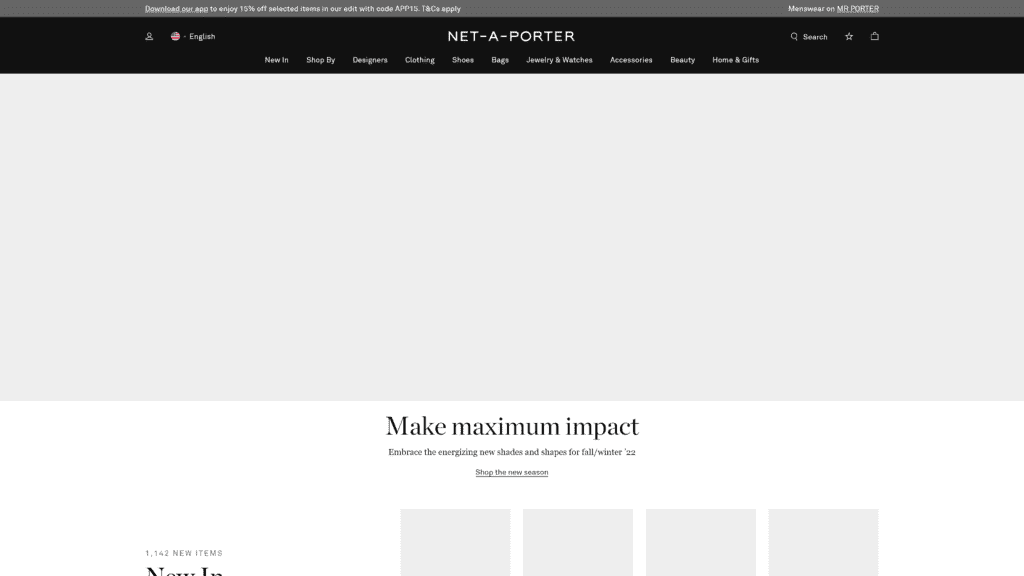 screenshot of the net a porter homepage