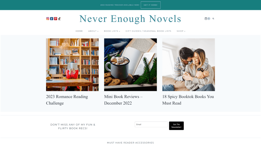 screenshot of the never enough novels homepage