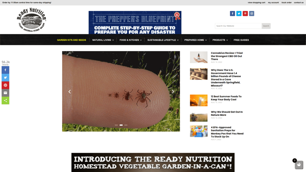 screenshot of the ready nutrition homepage