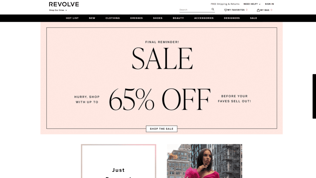 screenshot of the revolve homepage