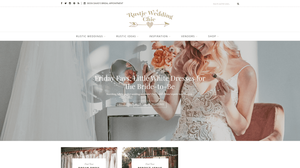 screenshot of the rustic wedding chic homepage