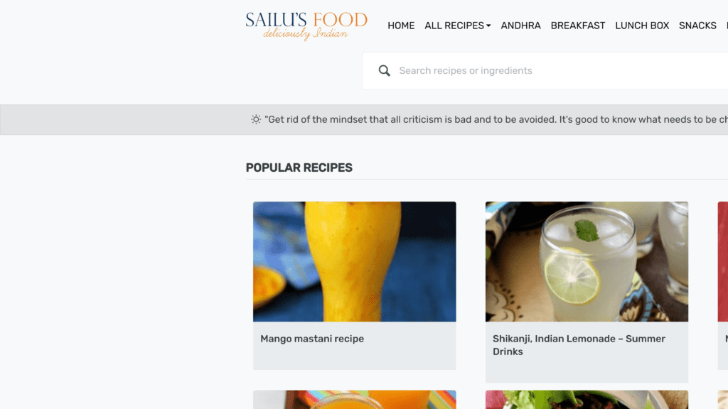 screenshot of the sailus food homepage