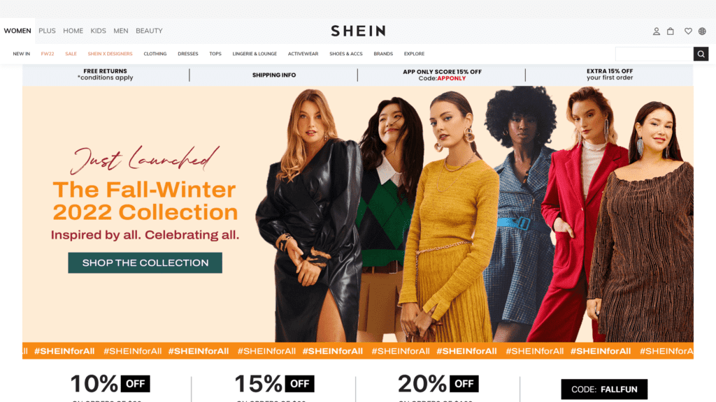 screenshot of the shein homepage