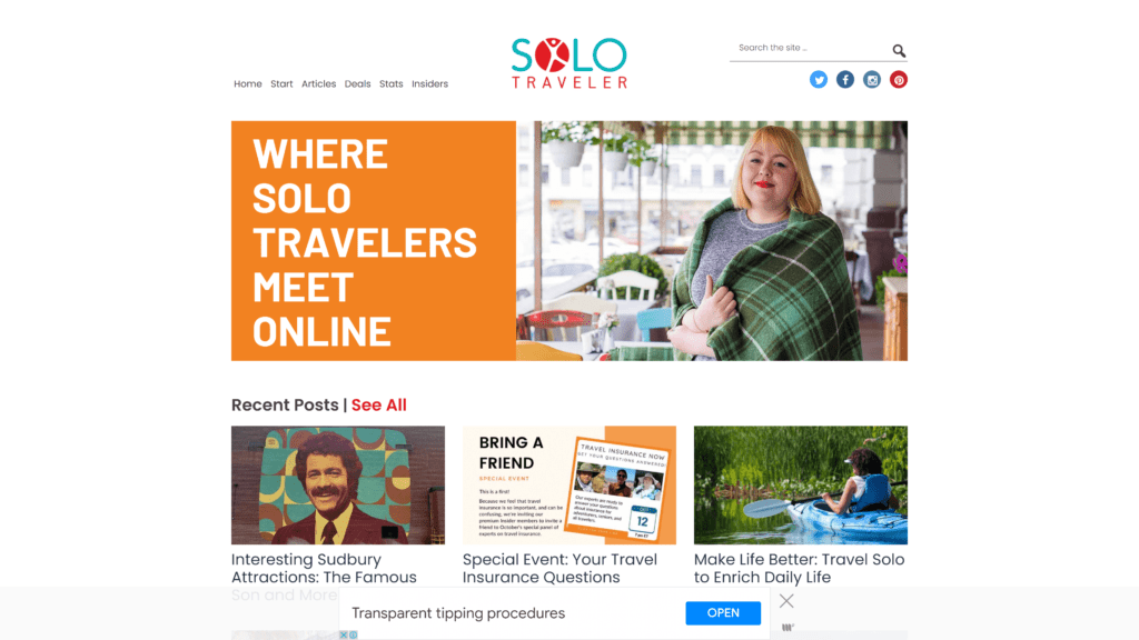 screenshot of the solo traveler world homepage