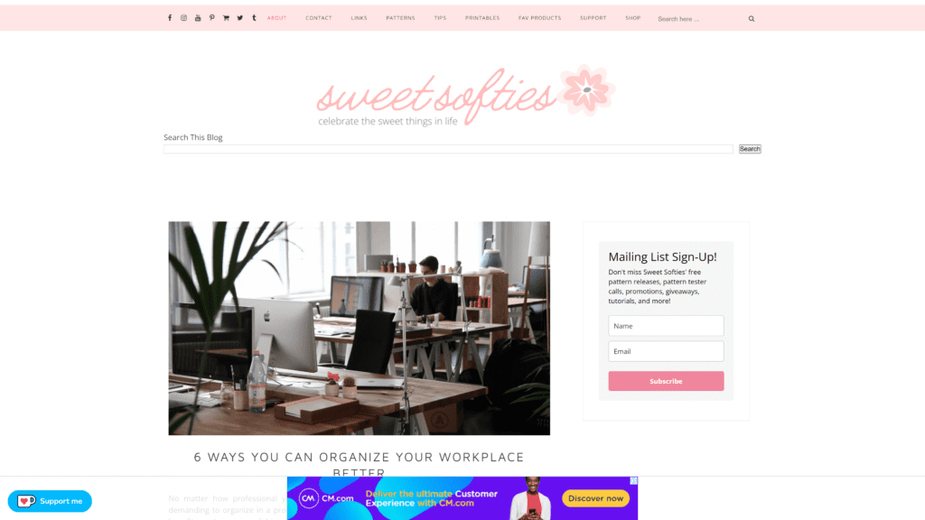 screenshot of the sweet-softies homepage