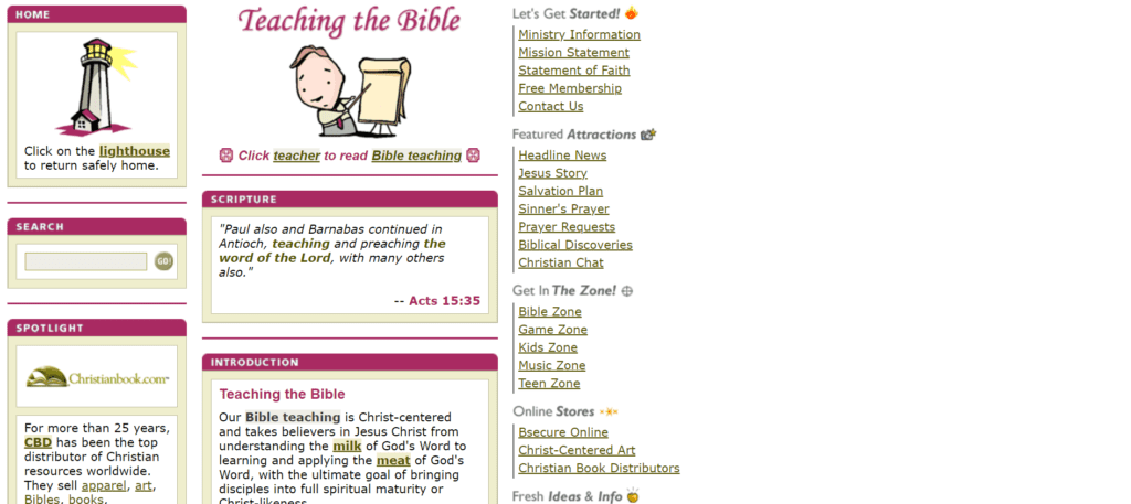 screenshot of the teaching the bible homepage