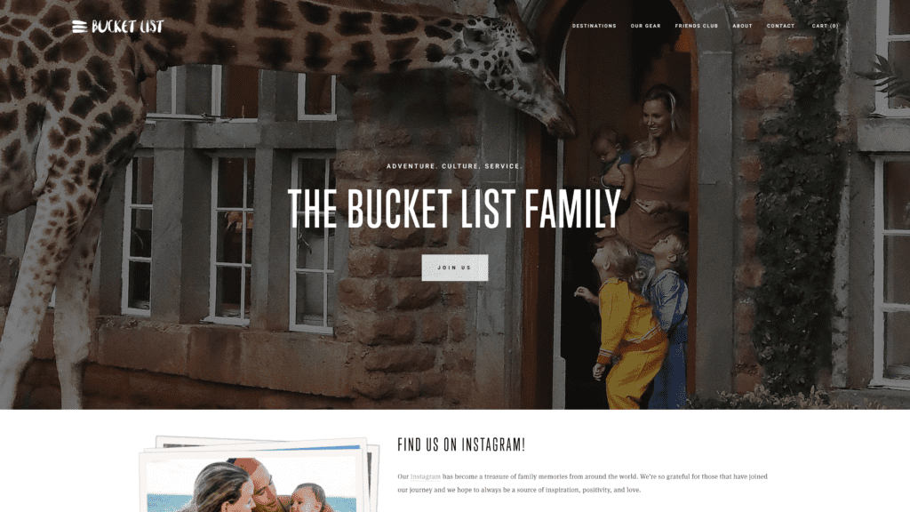 screenshot of the bucket list family homepage