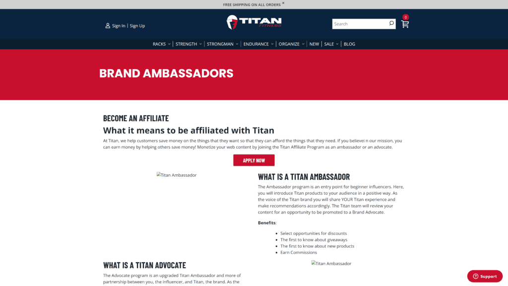 Titan Fitness Affiliate Program homepage screenshot 1