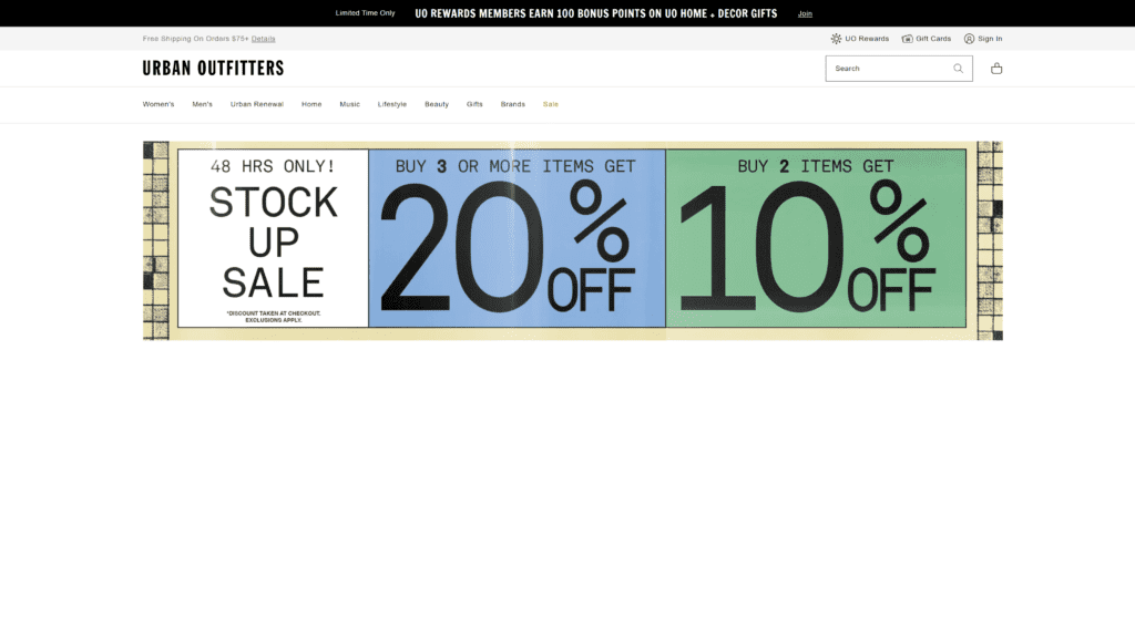 screenshot of the urban outfitters homepage