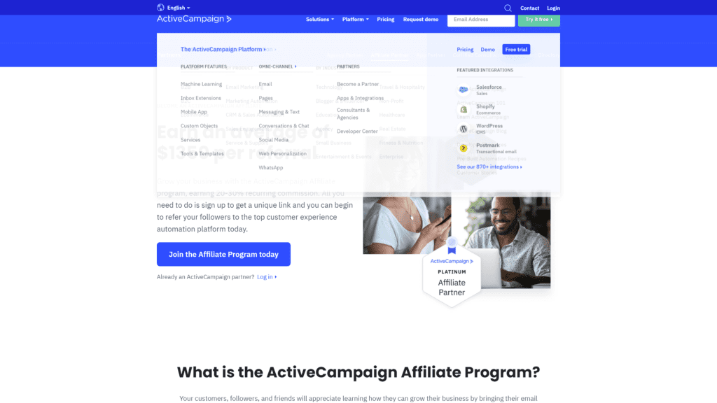 screenshot of the activecampaign affiliate program homepage