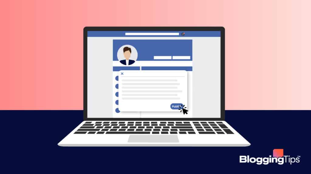 vector graphic showing an illustration of a computer about to auto publish posts to facebook