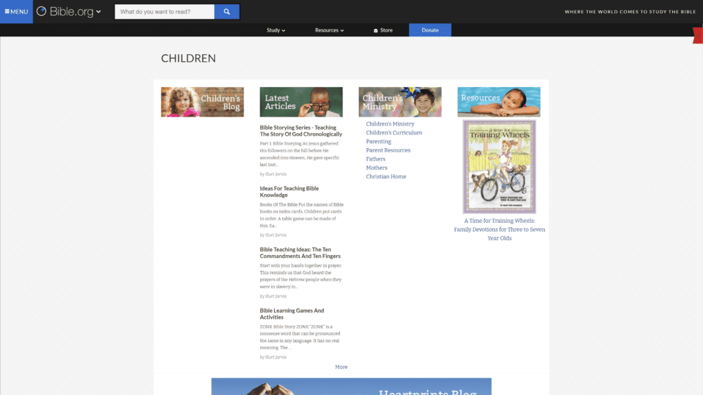 screenshot of the children's ministry homepage