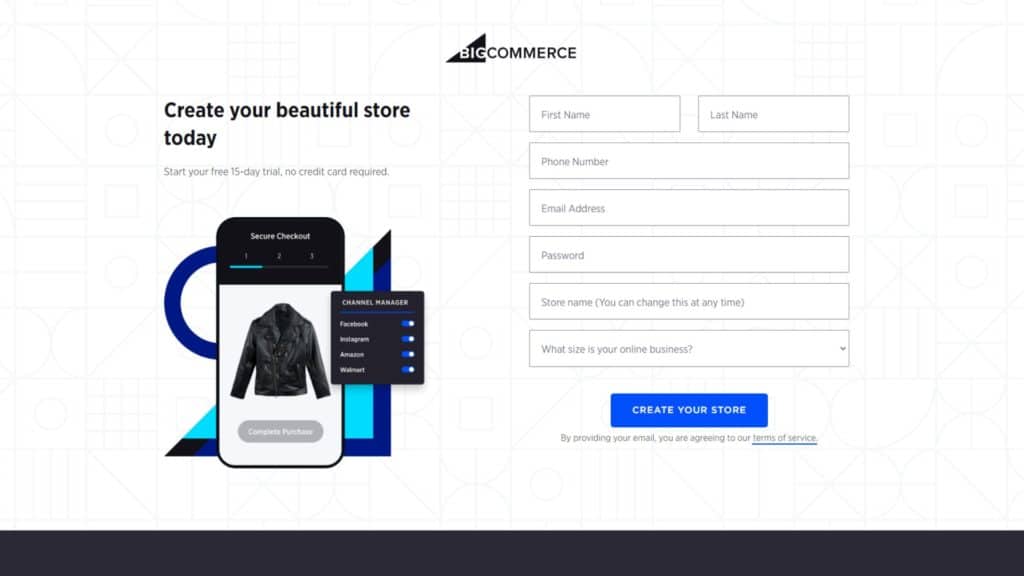 screenshot of the bigcommerce free trial signup page
