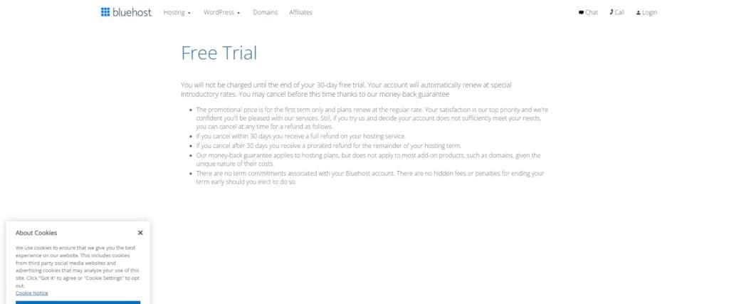 screenshot of the bluehost free trial homepage